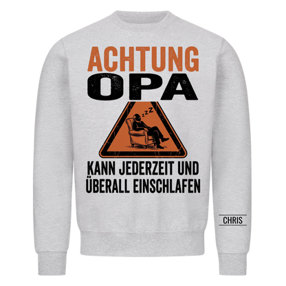 Achtung Opa Kann jederzeit und überall einschlafen - Lustiges Geschenk für Opa, Opi & Großvater - Personalisiertes Shirt