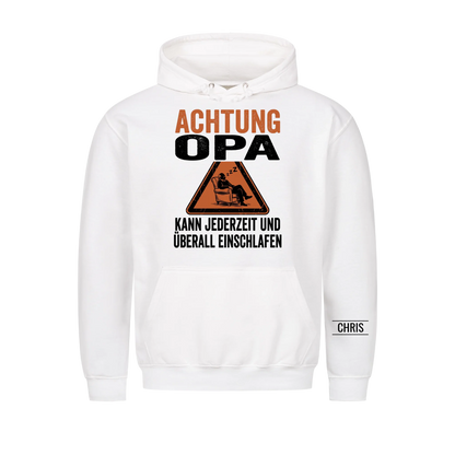 Achtung Opa Kann jederzeit und überall einschlafen - Lustiges Geschenk für Opa, Opi & Großvater - Personalisiertes Shirt