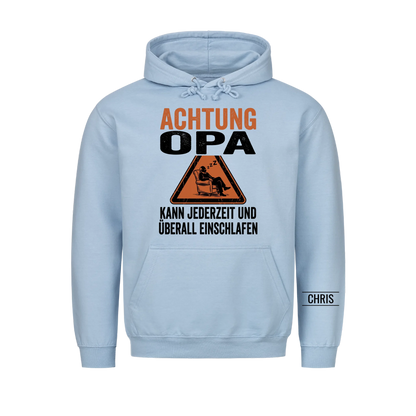 Achtung Opa Kann jederzeit und überall einschlafen - Lustiges Geschenk für Opa, Opi & Großvater - Personalisiertes Shirt