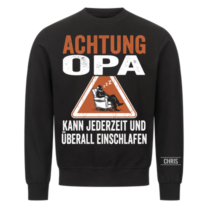 Achtung Opa Kann jederzeit und überall einschlafen - Lustiges Geschenk für Opa, Opi & Großvater - Personalisiertes Shirt