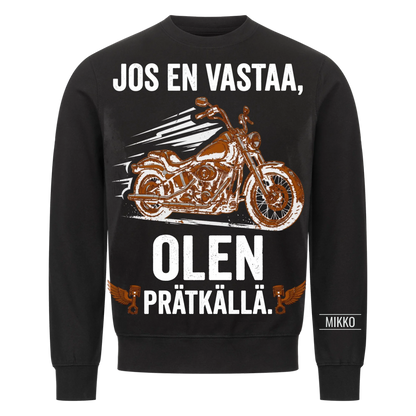 Jos en vastaa, olen prätkällä. Personoitu T-paita nimellä hihassa
