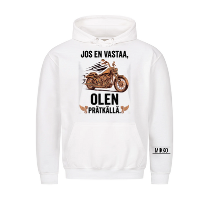 Jos en vastaa, olen prätkällä. Personoitu T-paita nimellä hihassa