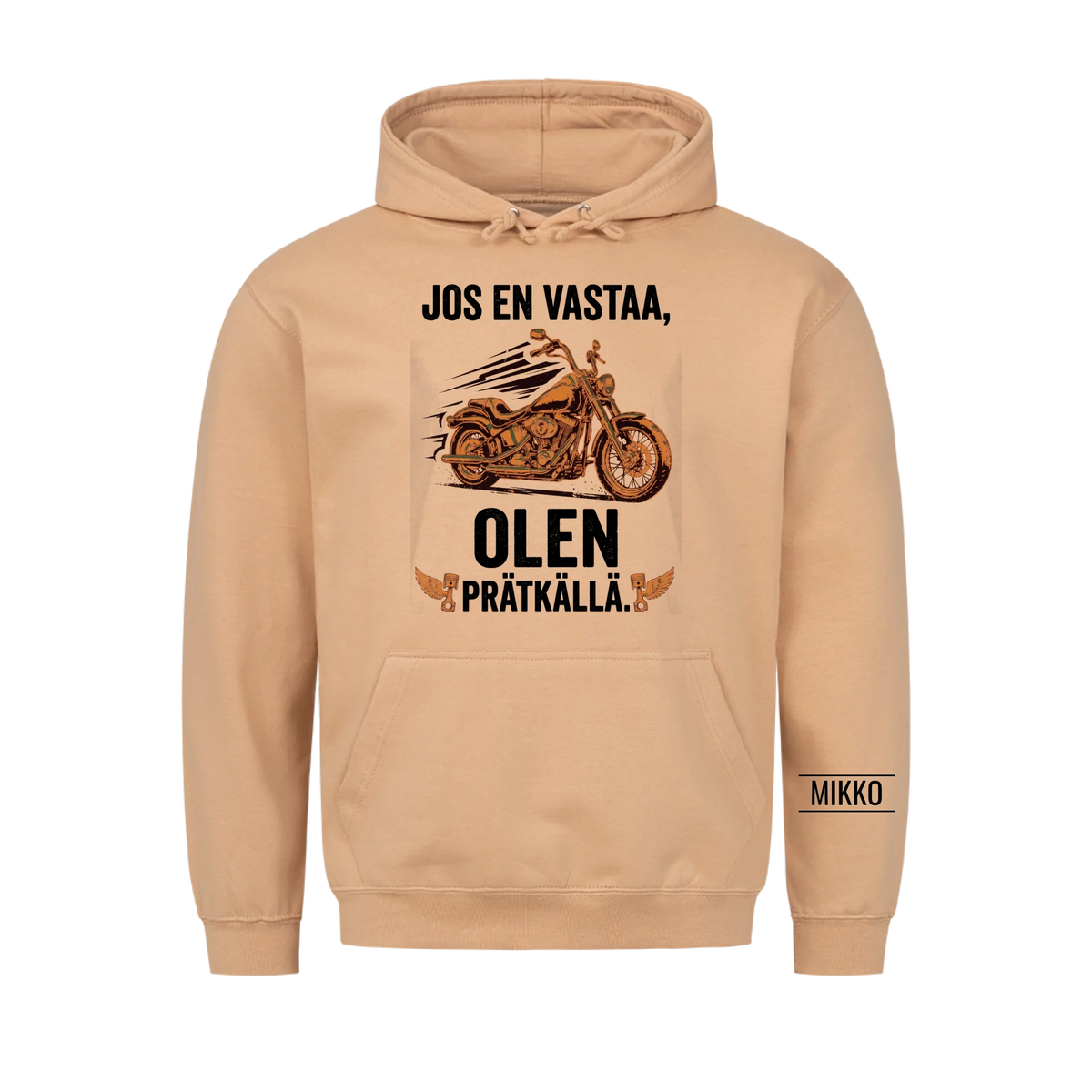 Jos en vastaa, olen prätkällä. Personoitu T-paita nimellä hihassa