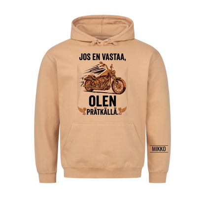 Jos en vastaa, olen prätkällä. Personoitu T-paita nimellä hihassa