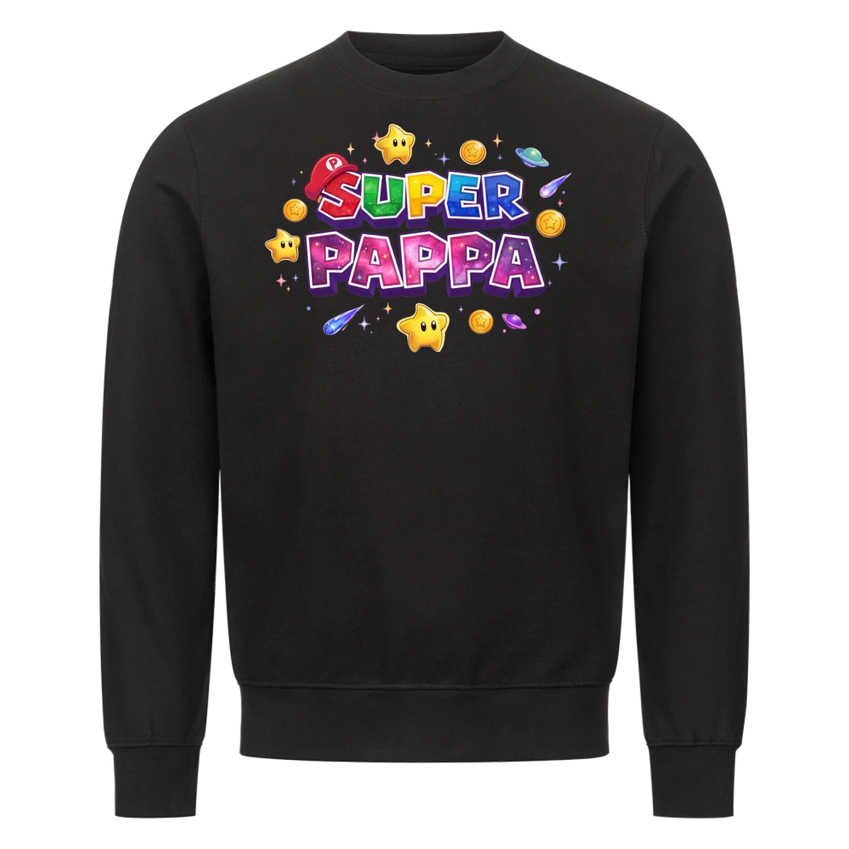 Super Pappa Galaxy T-skjorte med barnas navn og figurer. Farsdagsgave