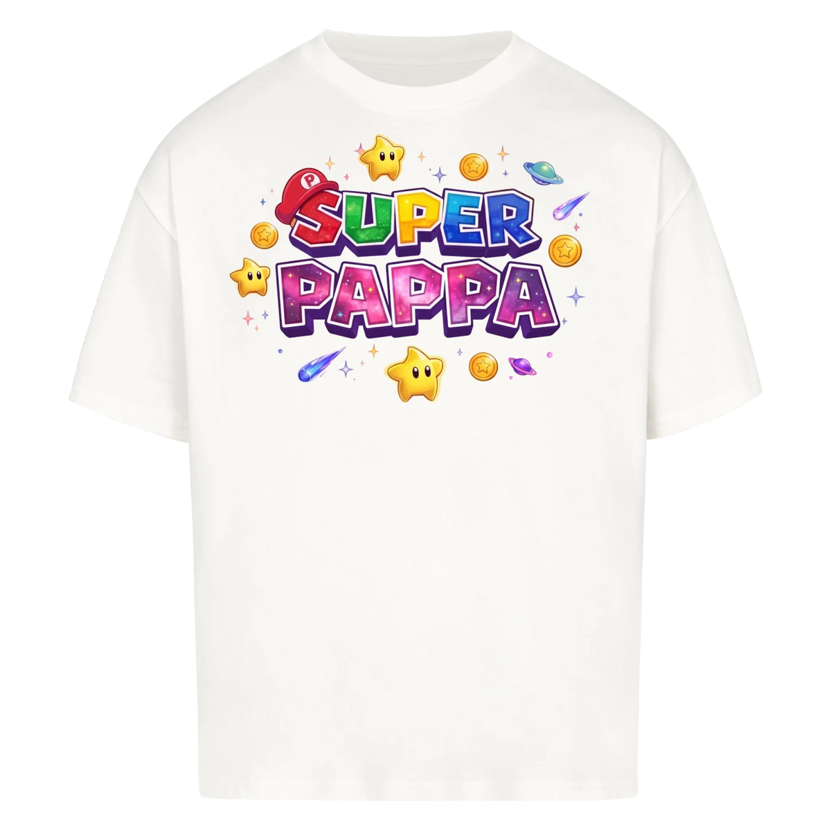 Super Pappa Galaxy T-skjorte med barnas navn og figurer. Farsdagsgave