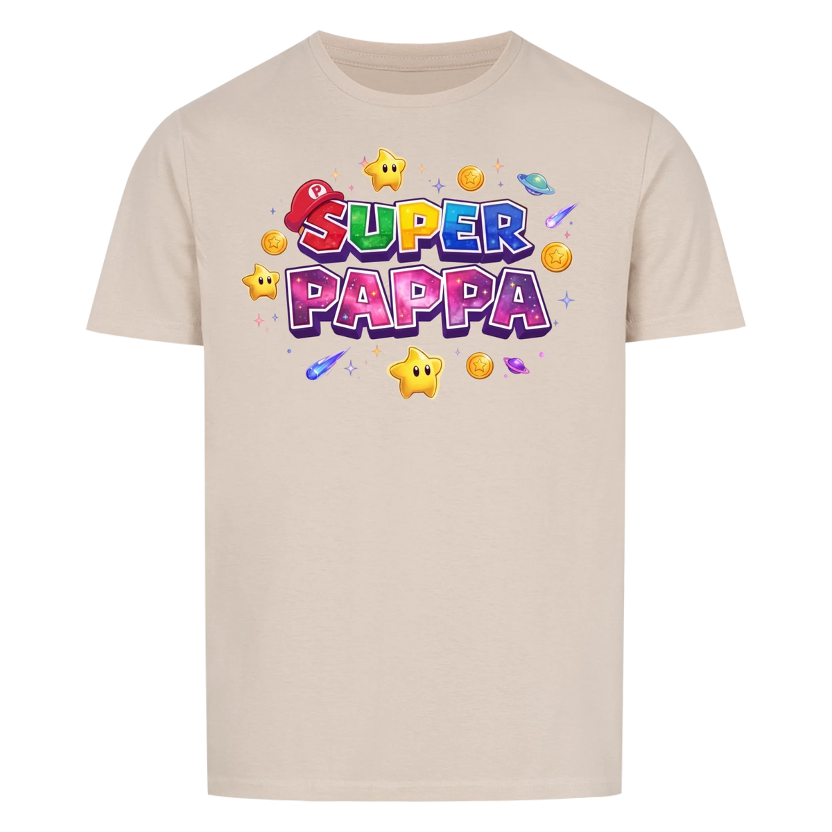Super Pappa Galaxy T-skjorte med barnas navn og figurer. Farsdagsgave