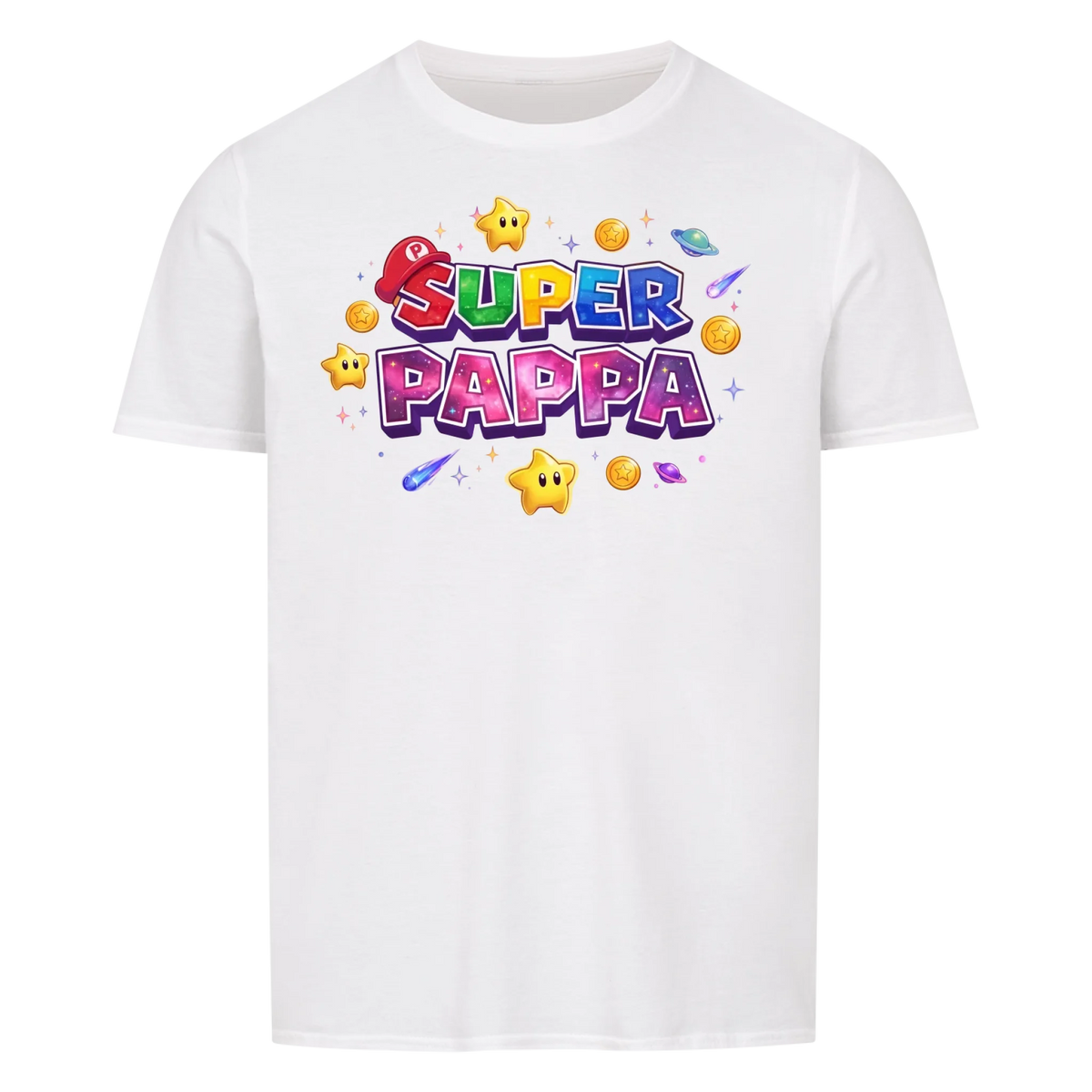 Super Pappa Galaxy T-skjorte med barnas navn og figurer. Farsdagsgave