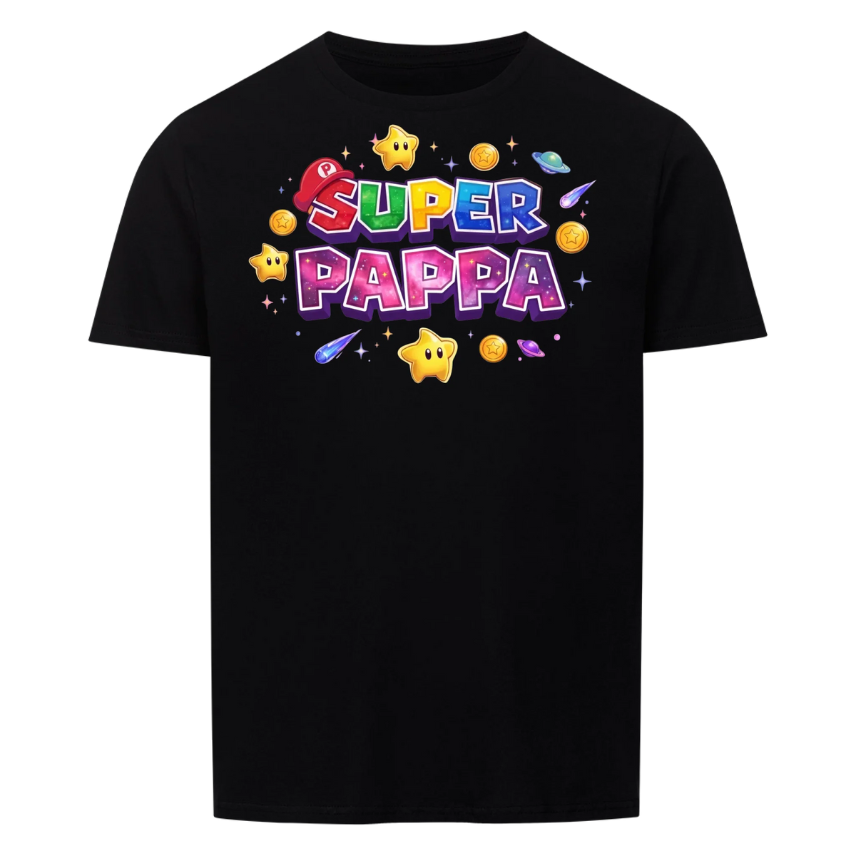 Super Pappa Galaxy T-skjorte med barnas navn og figurer. Farsdagsgave