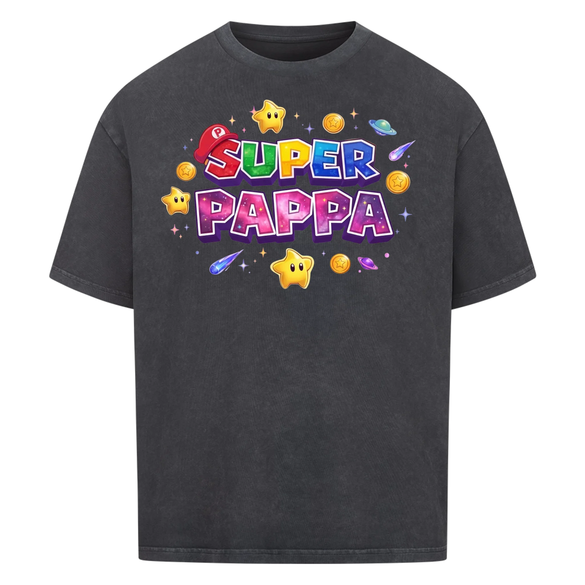 Super Pappa Galaxy T-skjorte med barnas navn og figurer. Farsdagsgave
