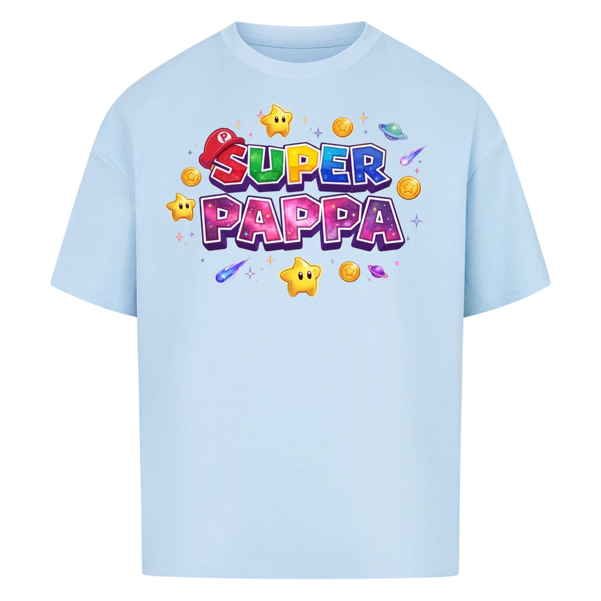 Super Pappa Galaxy t-shirt med barnens namn och figurer. Fars dag present