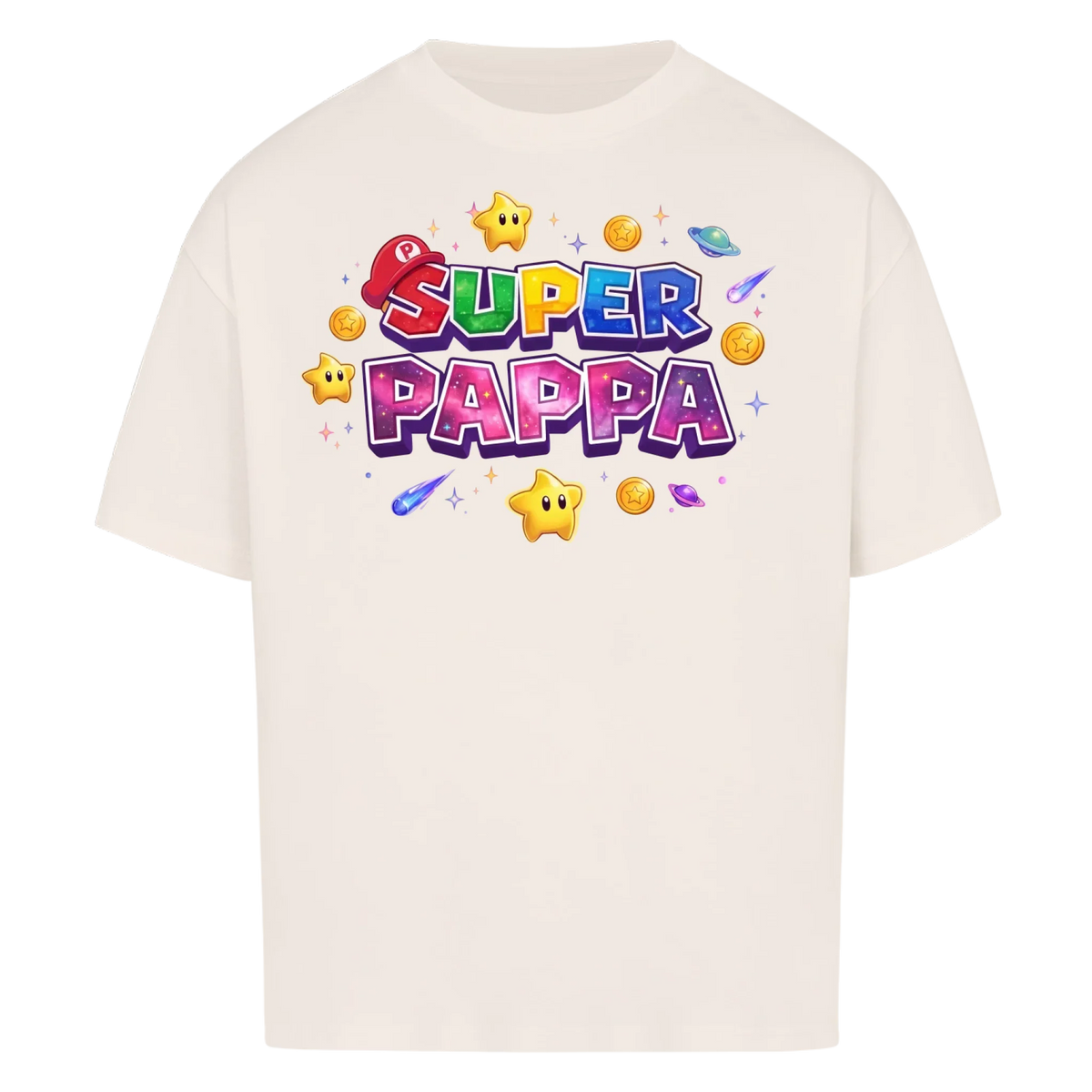 Super Pappa Galaxy t-shirt med barnens namn och figurer. Fars dag present