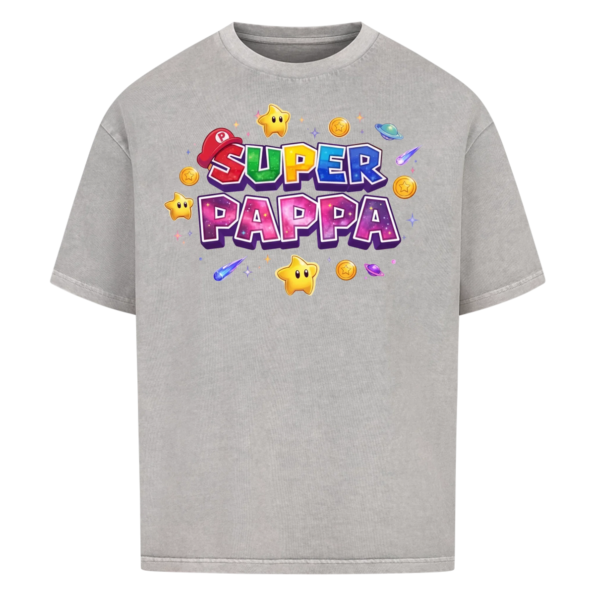 Super Pappa Galaxy t-shirt med barnens namn och figurer. Fars dag present