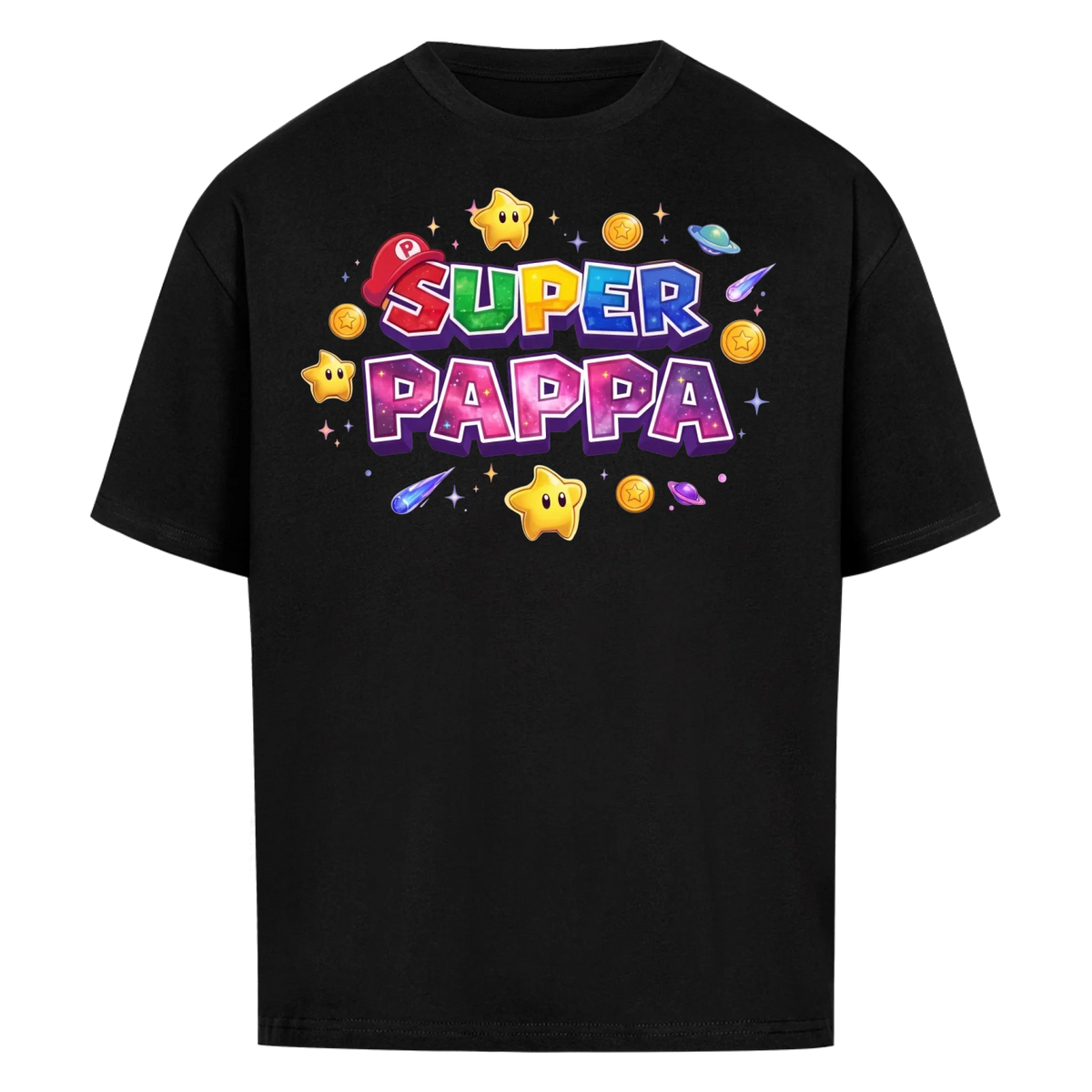 Super Pappa Galaxy t-shirt med barnens namn och figurer. Fars dag present