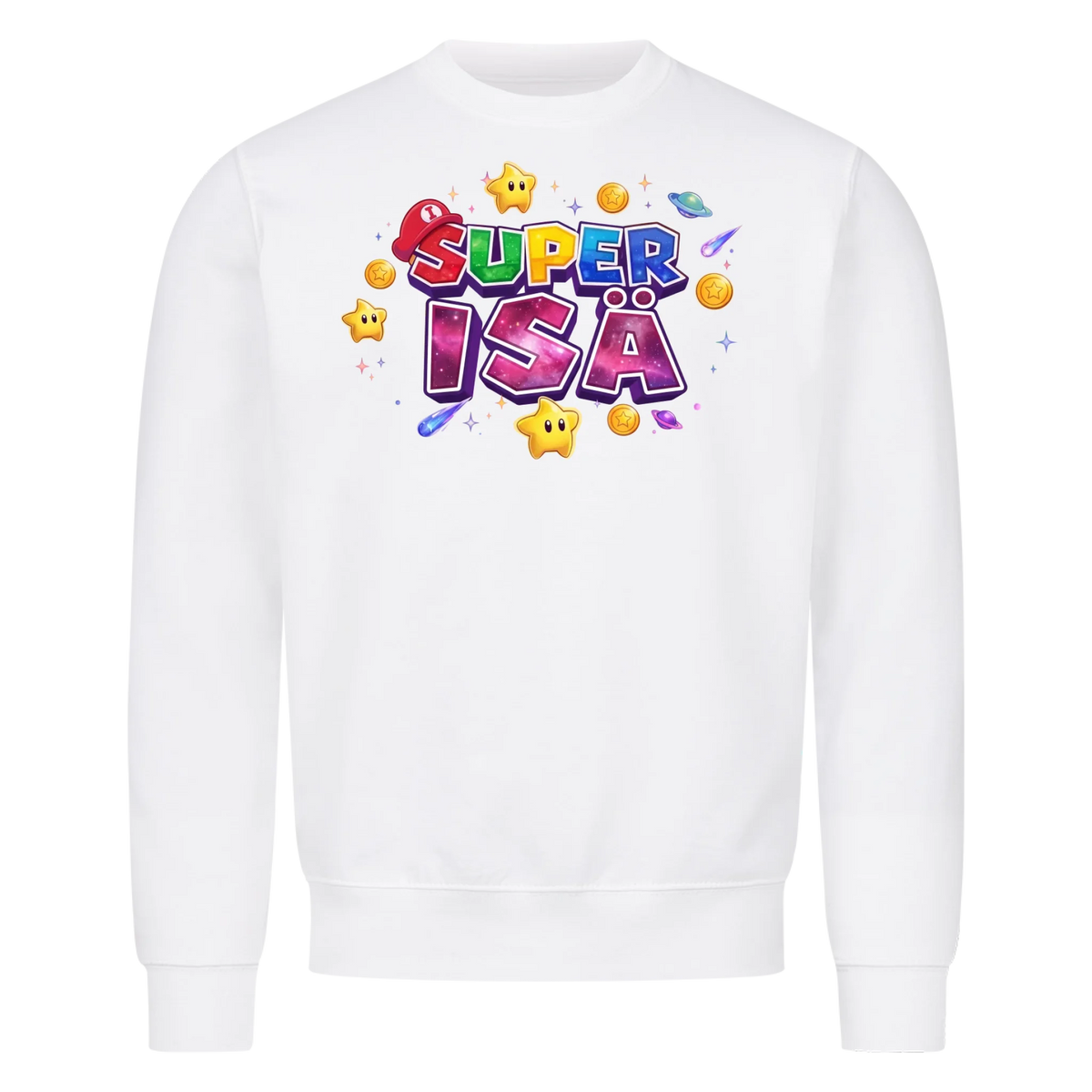 Super Isä Galaxy T-paita lasten nimillä ja hahmoilla. Isänpäivälahja