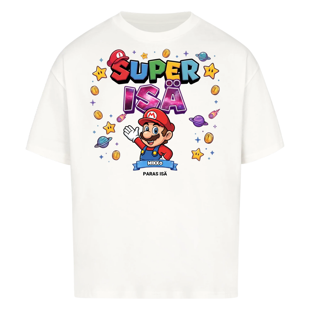 Super Isä King T-paita isän hahmolla ja lasten nimillä. Isänpäivälahja