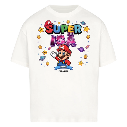 Super Isä King T-paita isän hahmolla ja lasten nimillä. Isänpäivälahja