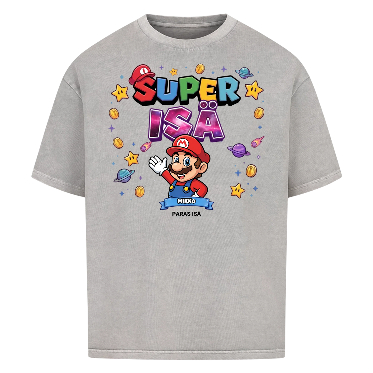Super Isä King T-paita isän hahmolla ja lasten nimillä. Isänpäivälahja