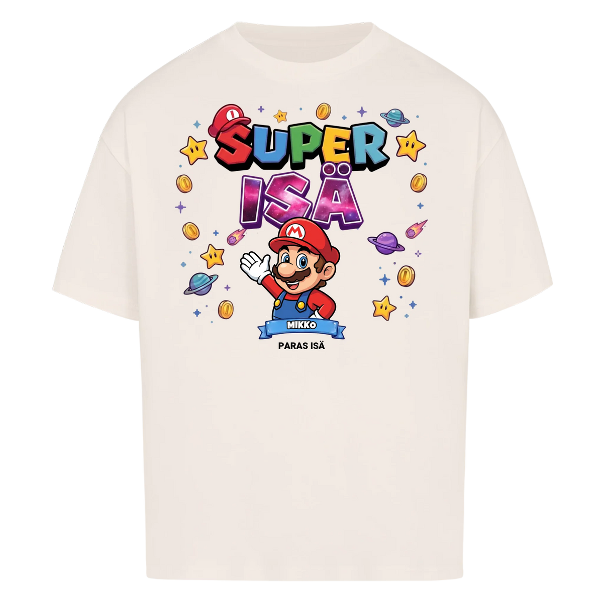 Super Isä King T-paita isän hahmolla ja lasten nimillä. Isänpäivälahja