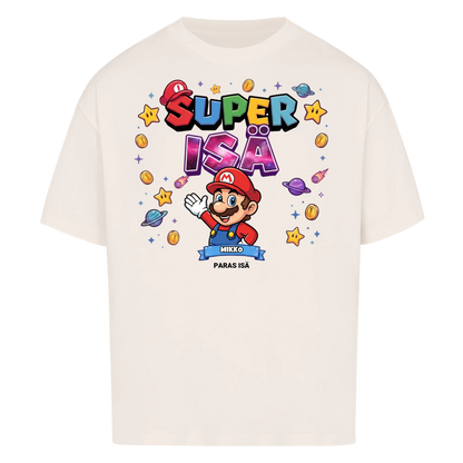 Super Isä King T-paita isän hahmolla ja lasten nimillä. Isänpäivälahja