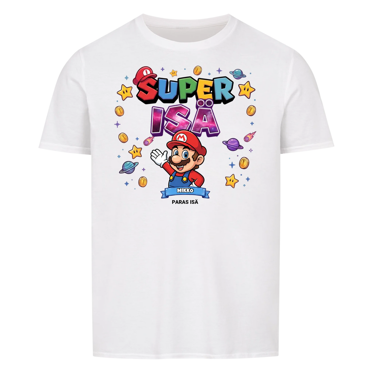 Super Isä King T-paita isän hahmolla ja lasten nimillä. Isänpäivälahja