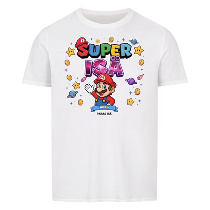 Super Isä King T-paita isän hahmolla ja lasten nimillä. Isänpäivälahja