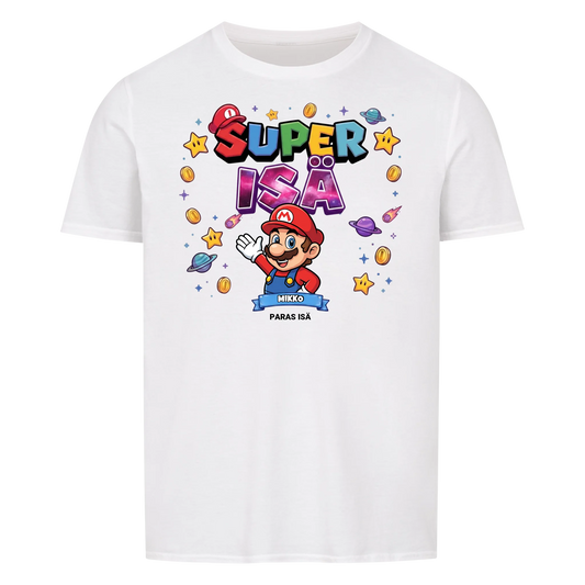 Super Isä King T-paita isän hahmolla ja lasten nimillä. Isänpäivälahja