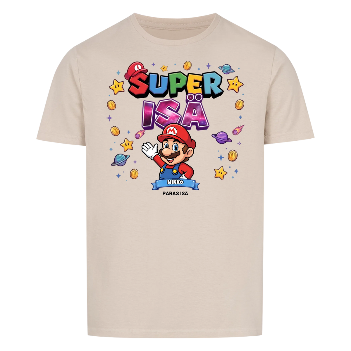 Super Isä King T-paita isän hahmolla ja lasten nimillä. Isänpäivälahja