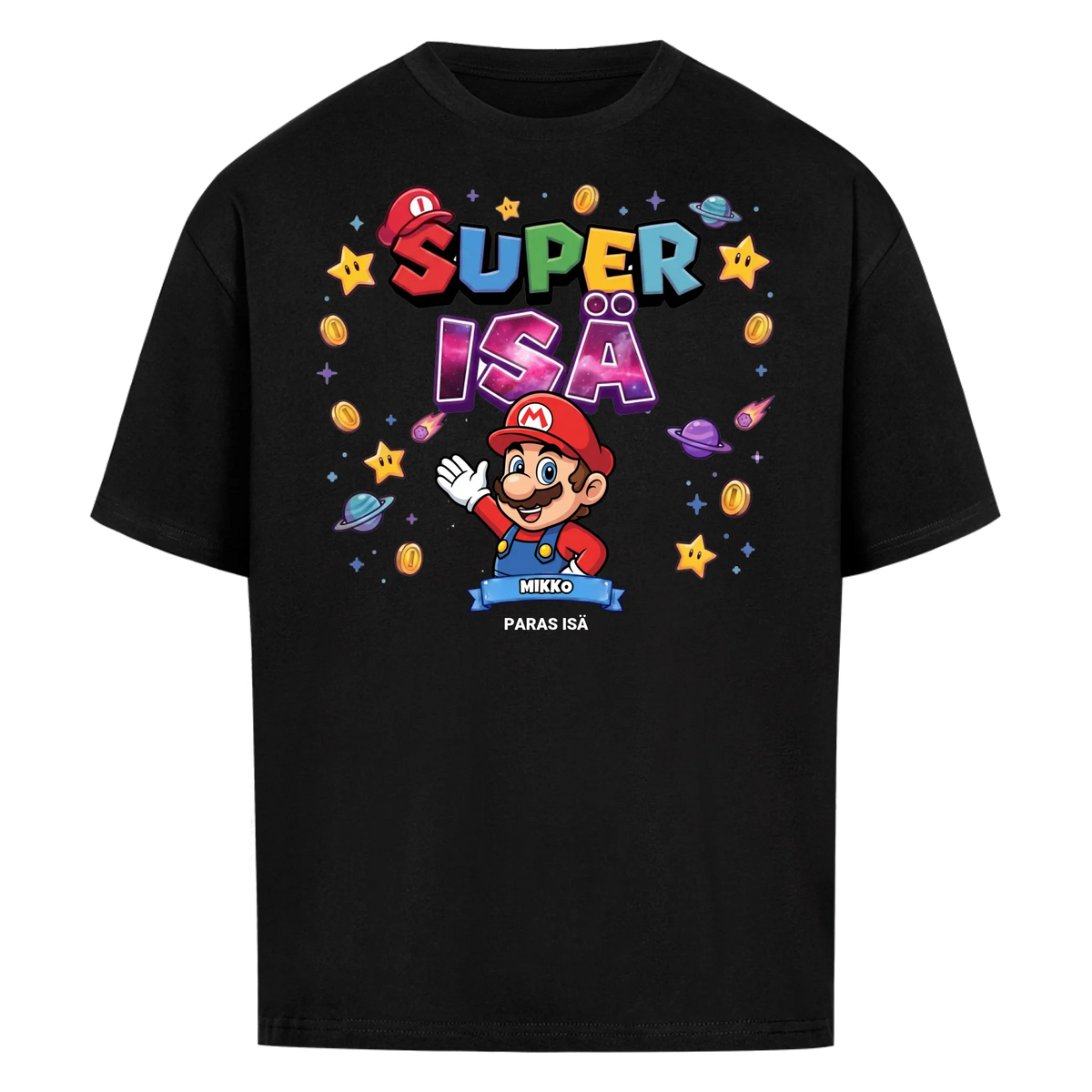 Super Isä King T-paita isän hahmolla ja lasten nimillä. Isänpäivälahja