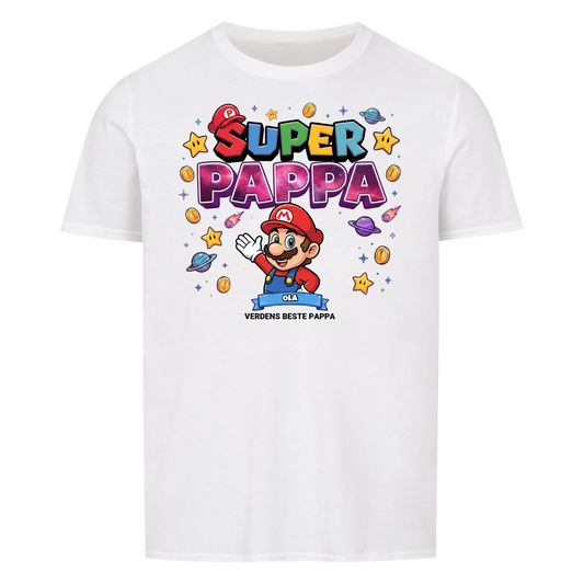 Super Pappa King T-skjorte med pappas figur og barnas navn. Farsdagsgave