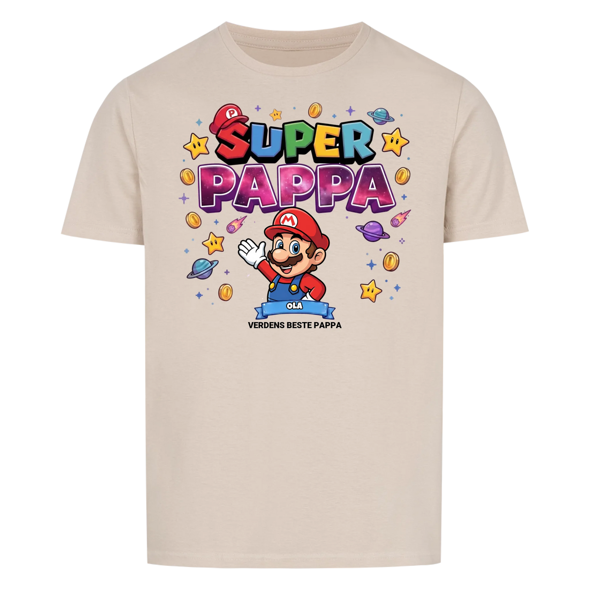 Super Pappa King T-skjorte med pappas figur og barnas navn. Farsdagsgave