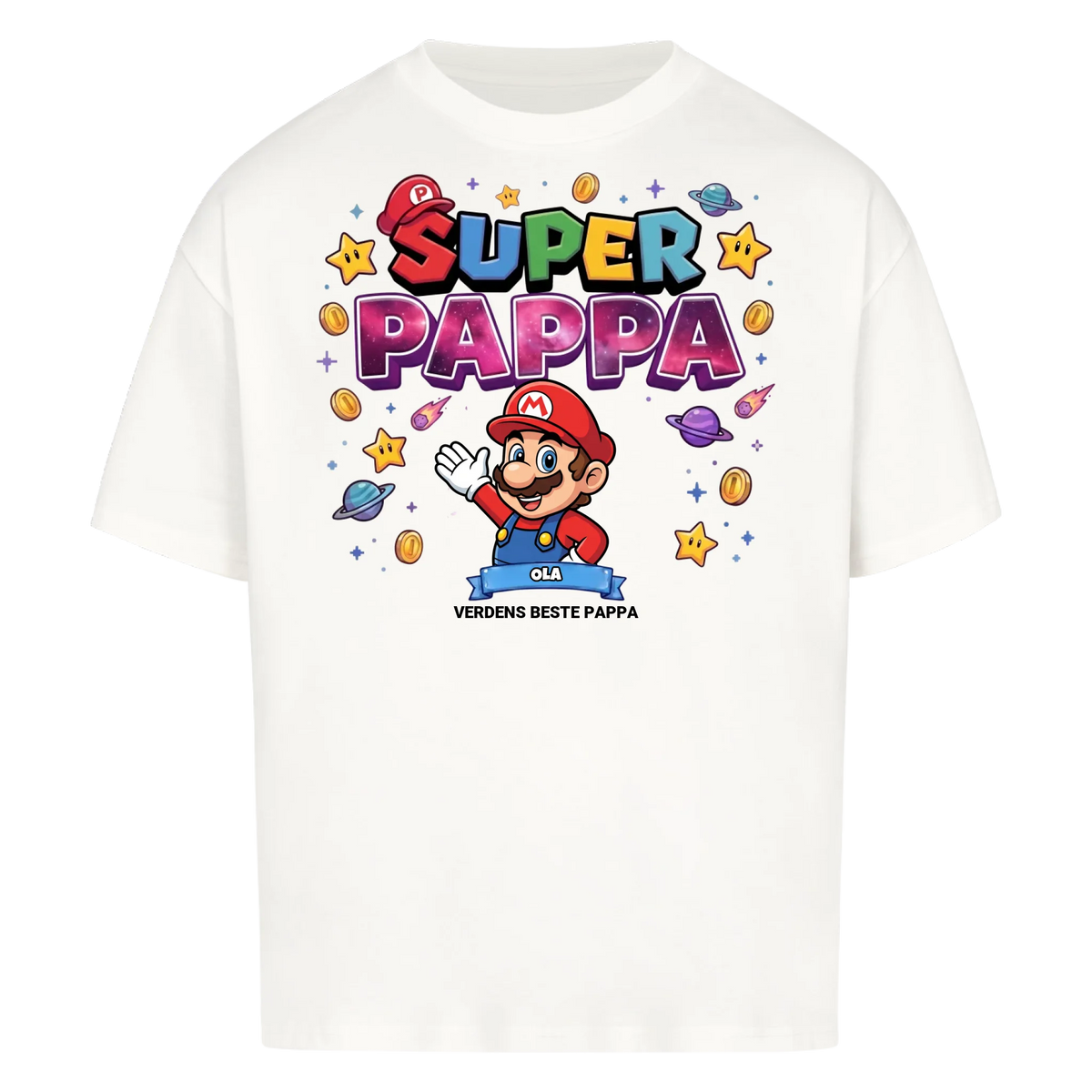 Super Pappa King T-skjorte med pappas figur og barnas navn. Farsdagsgave
