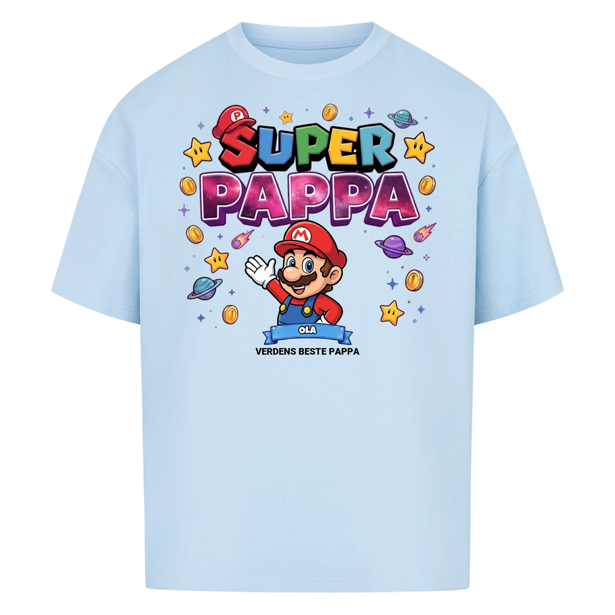Super Pappa King T-skjorte med pappas figur og barnas navn. Farsdagsgave