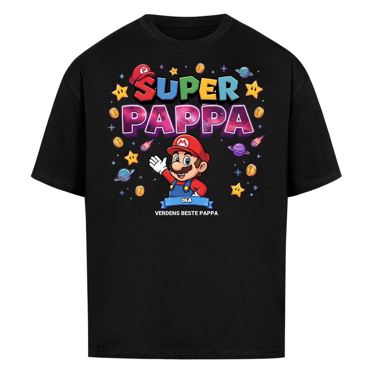 Super Pappa King T-skjorte med pappas figur og barnas navn. Farsdagsgave