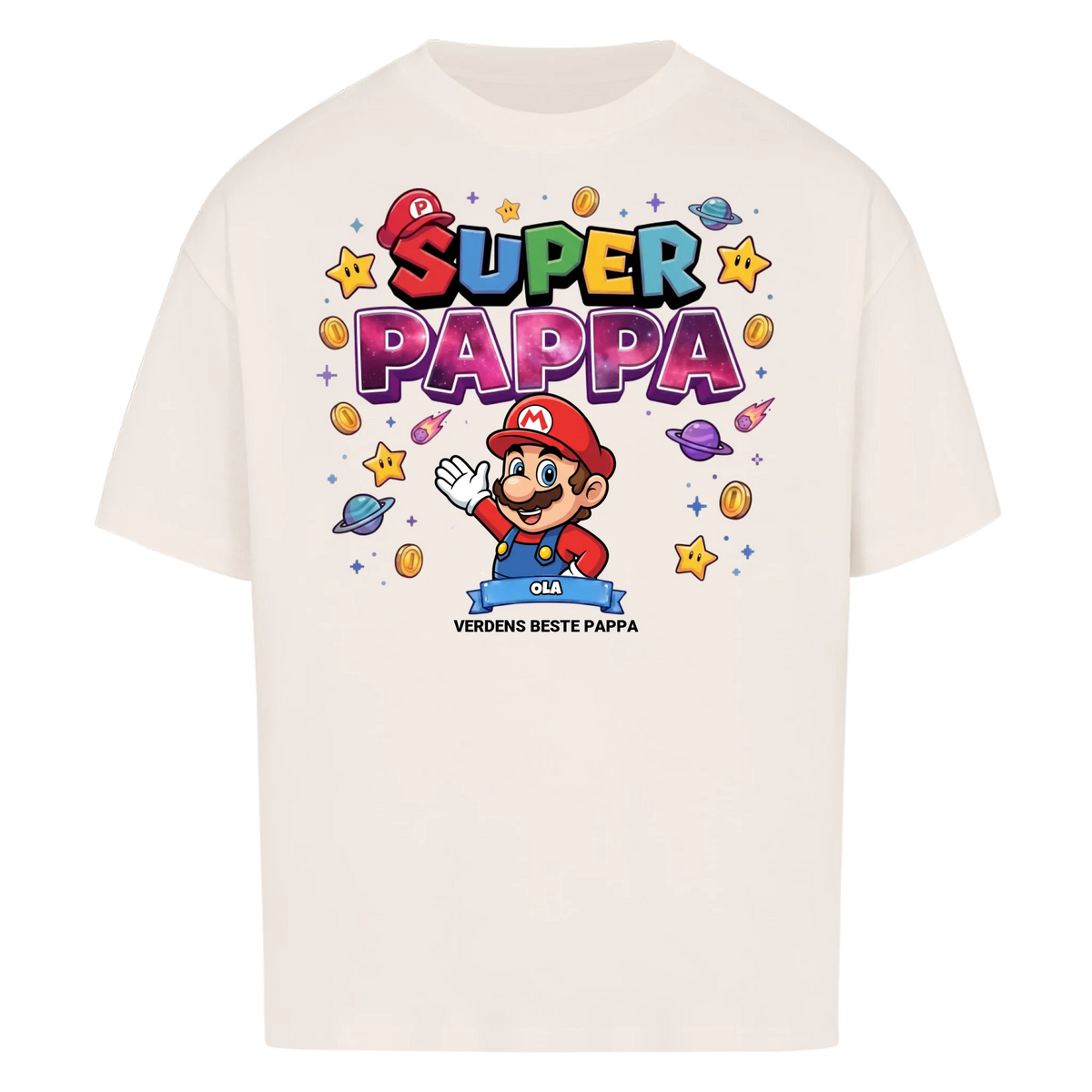 Super Pappa King T-skjorte med pappas figur og barnas navn. Farsdagsgave