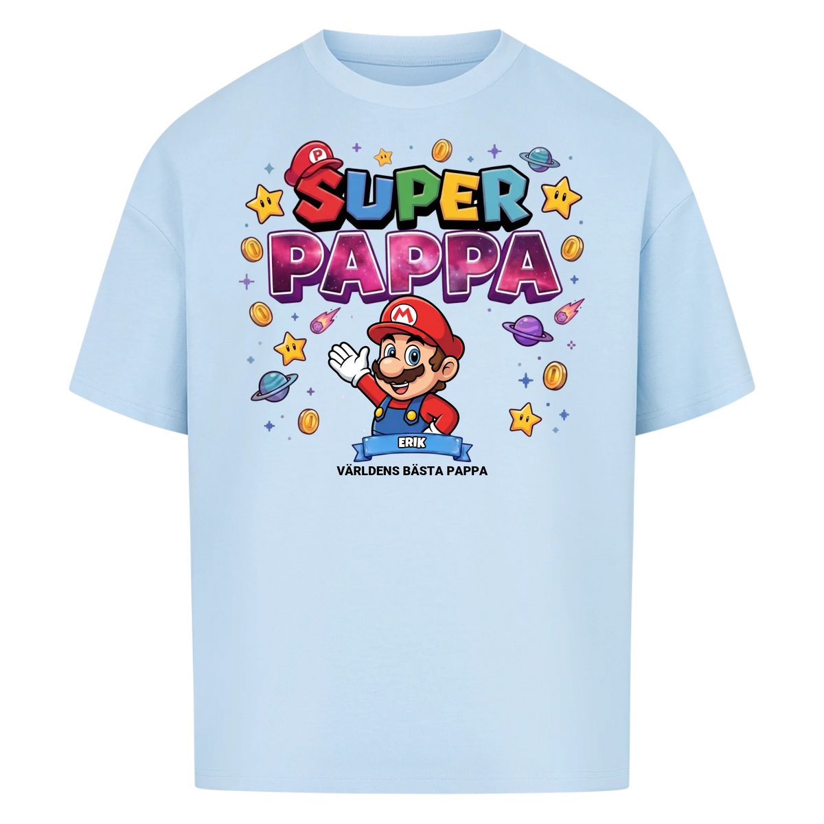 Super Pappa King t-shirt med pappas figur och barnens namn. Fars dag present