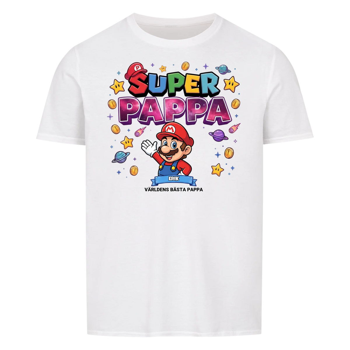 Super Pappa King t-shirt med pappas figur och barnens namn. Fars dag present