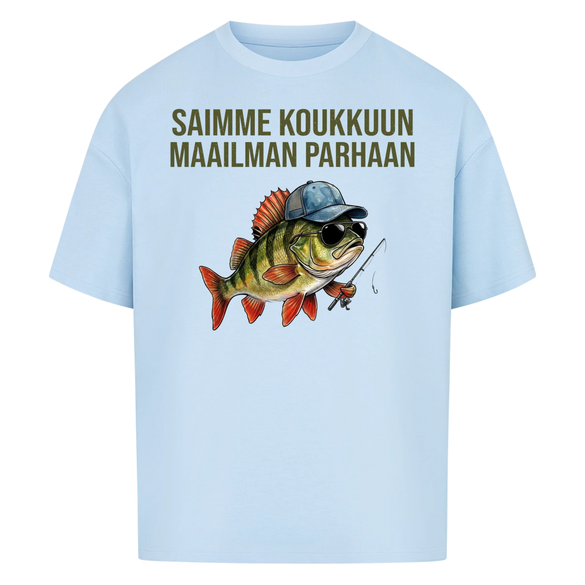 Saimme koukkuun maailman parhaan iskän. Kala lasten nimillä. Personoitu t-paita isänpäivälahjaksi