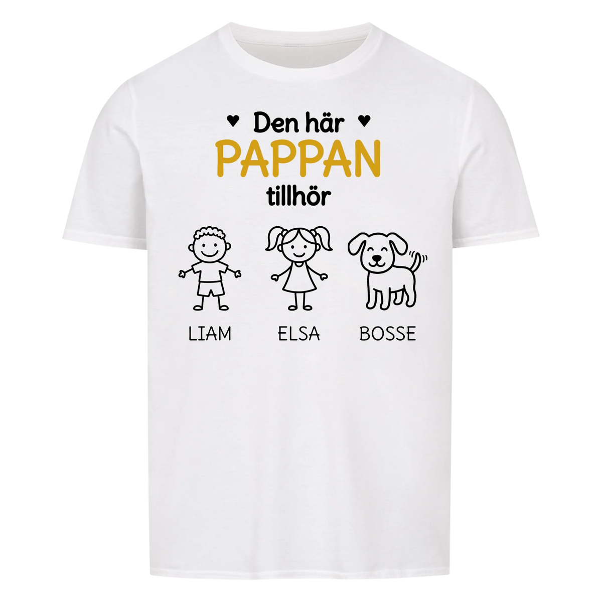Den här pappan tillhör. Barnens namn och figurer på bröstet. Present till pappa på fars dag. Personlig t-shirt