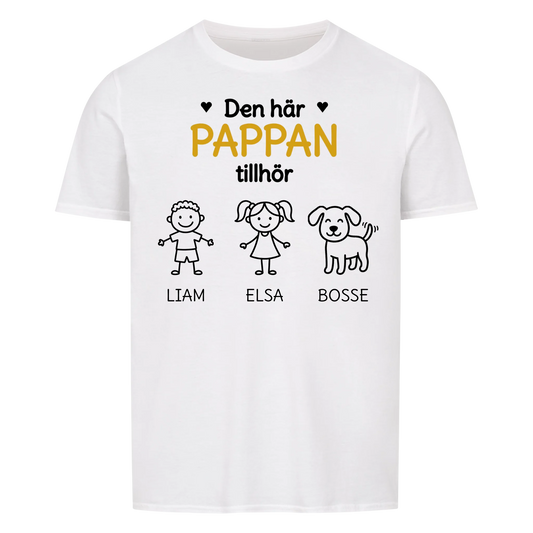 Den här pappan tillhör. Barnens namn och figurer på bröstet. Present till pappa på fars dag. Personlig t-shirt