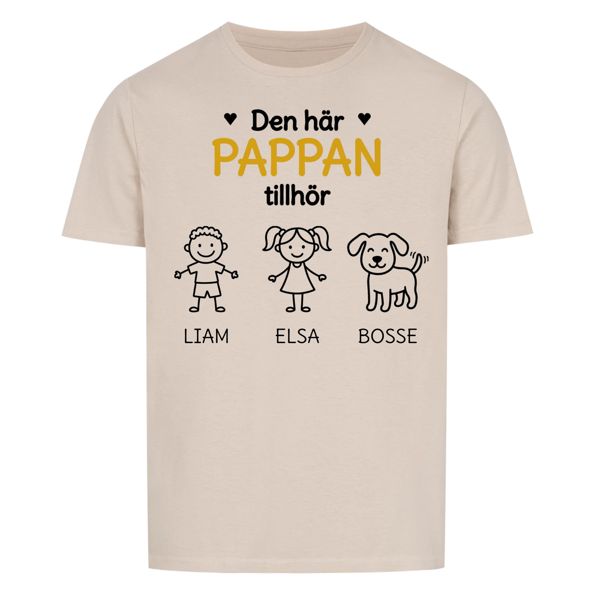Den här pappan tillhör. Barnens namn och figurer på bröstet. Present till pappa på fars dag. Personlig t-shirt