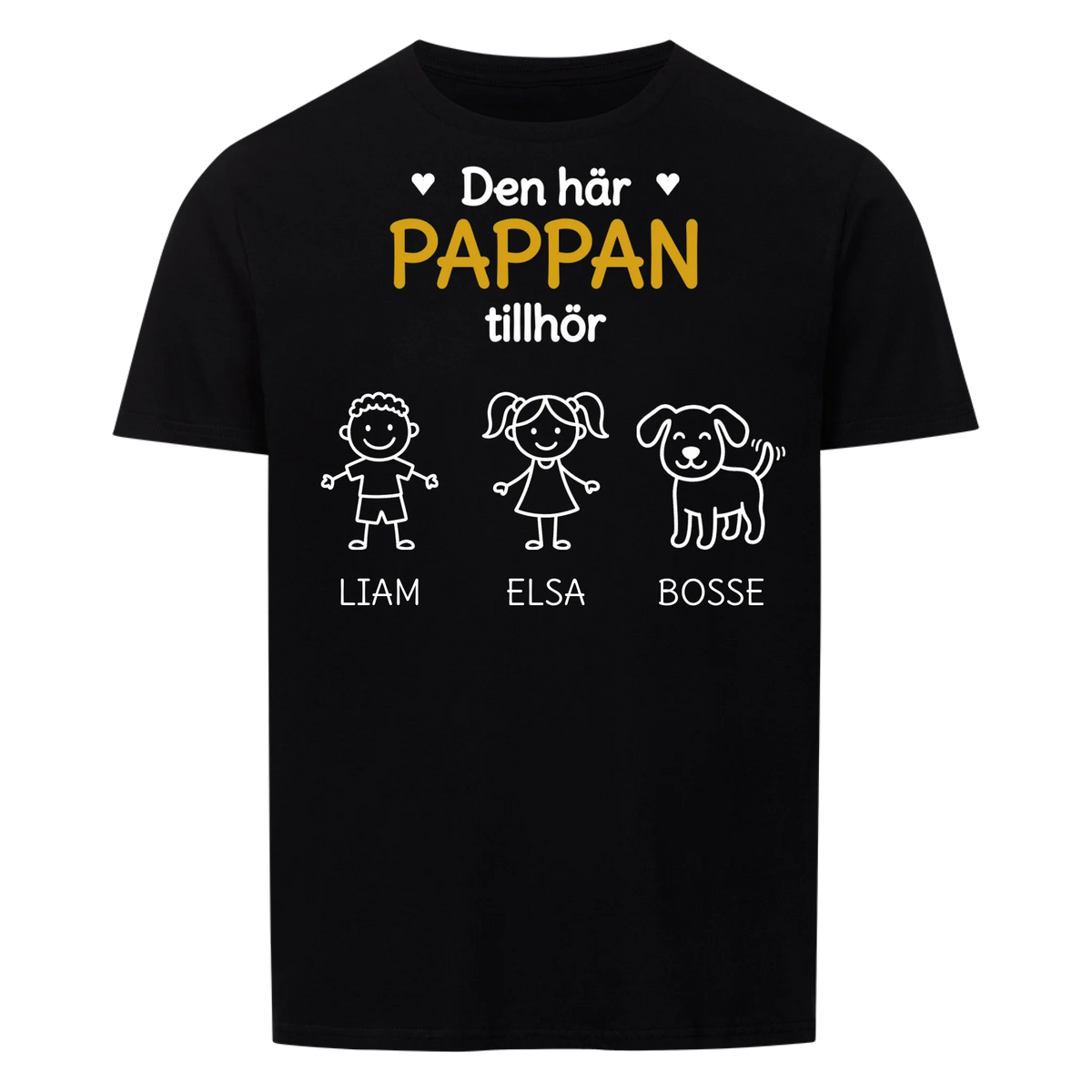 Den här pappan tillhör. Barnens namn och figurer på bröstet. Present till pappa på fars dag. Personlig t-shirt