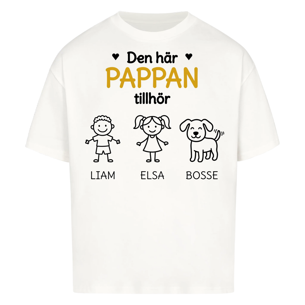 Den här pappan tillhör. Barnens namn och figurer på bröstet. Present till pappa på fars dag. Personlig t-shirt