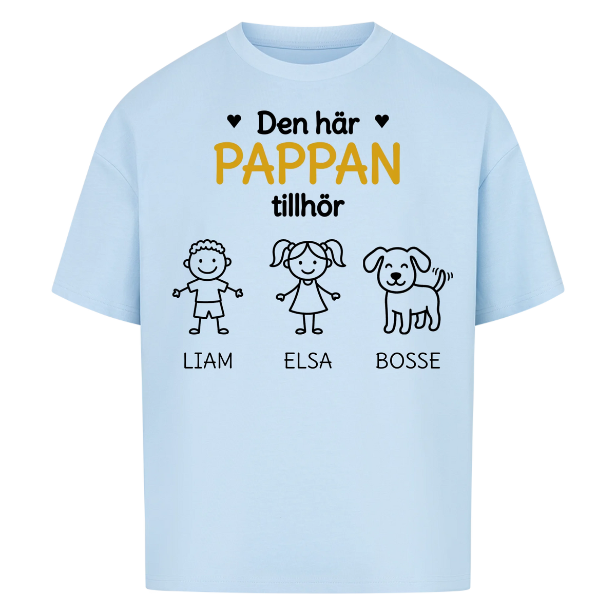 Den här pappan tillhör. Barnens namn och figurer på bröstet. Present till pappa på fars dag. Personlig t-shirt