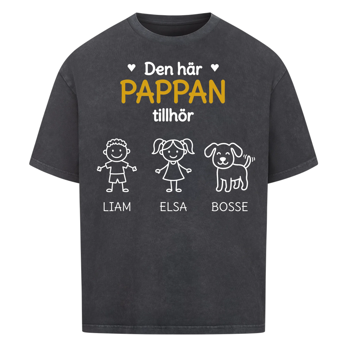 Den här pappan tillhör. Barnens namn och figurer på bröstet. Present till pappa på fars dag. Personlig t-shirt