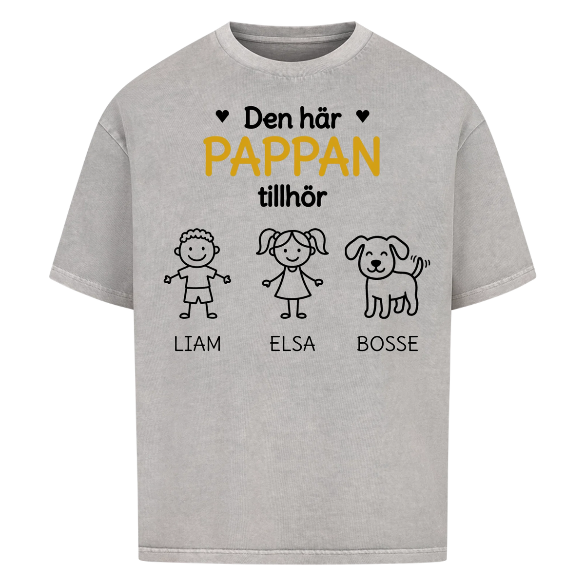 Den här pappan tillhör. Barnens namn och figurer på bröstet. Present till pappa på fars dag. Personlig t-shirt
