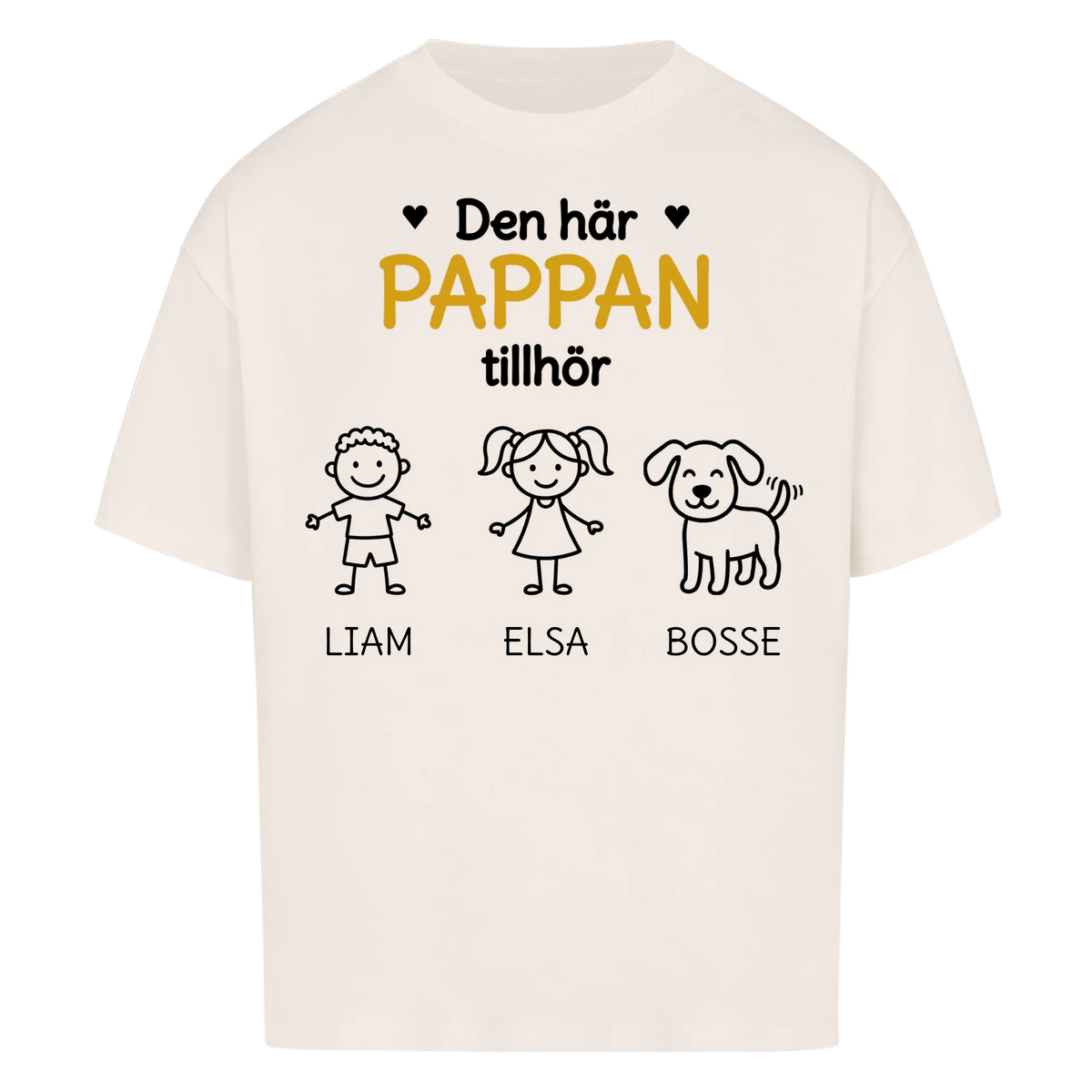 Den här pappan tillhör. Barnens namn och figurer på bröstet. Present till pappa på fars dag. Personlig t-shirt
