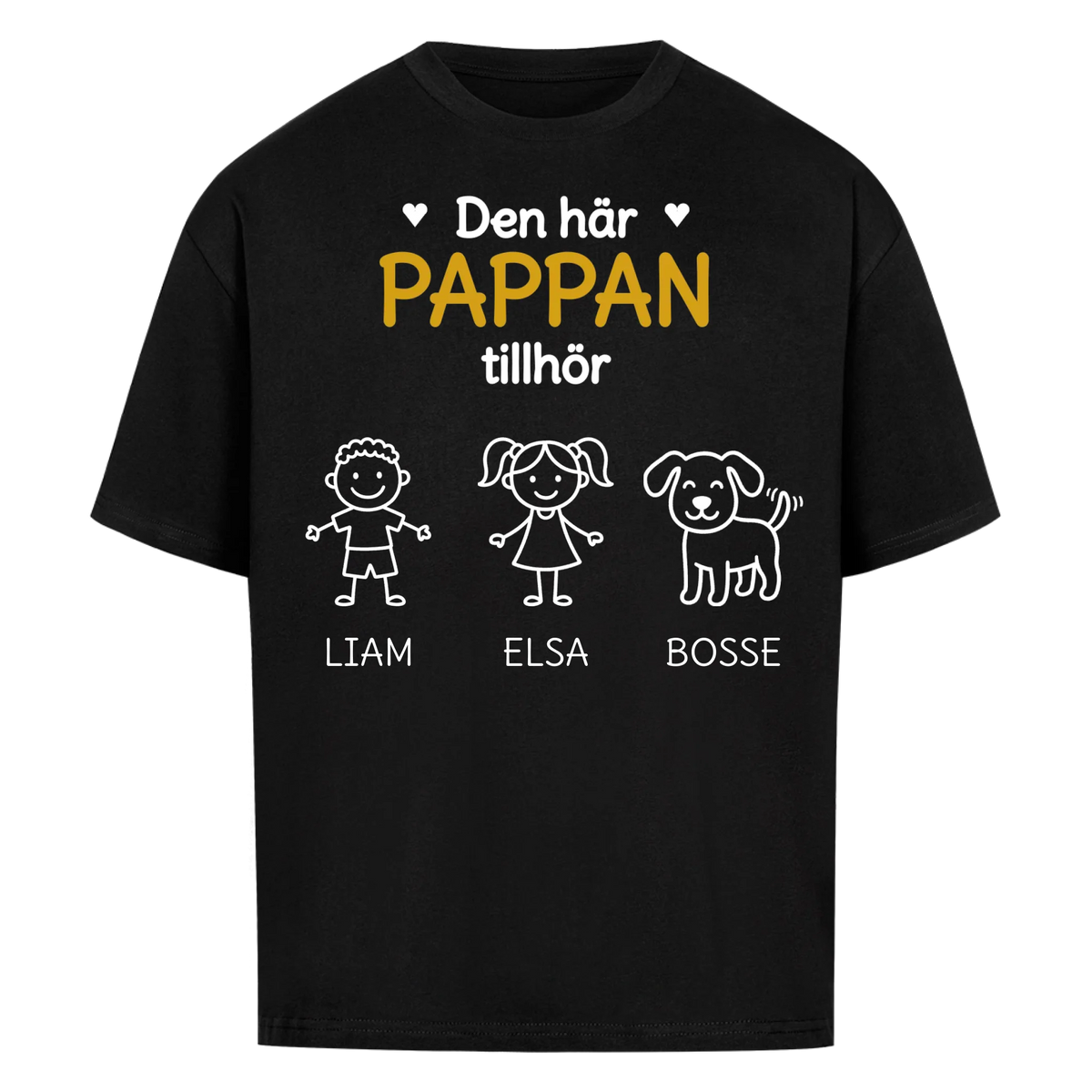 Den här pappan tillhör. Barnens namn och figurer på bröstet. Present till pappa på fars dag. Personlig t-shirt