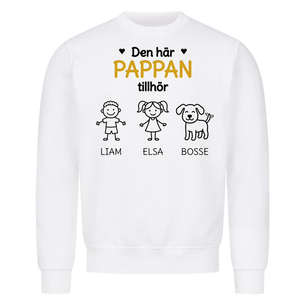 Den här pappan tillhör. Barnens namn och figurer på bröstet. Present till pappa på fars dag. Personlig t-shirt
