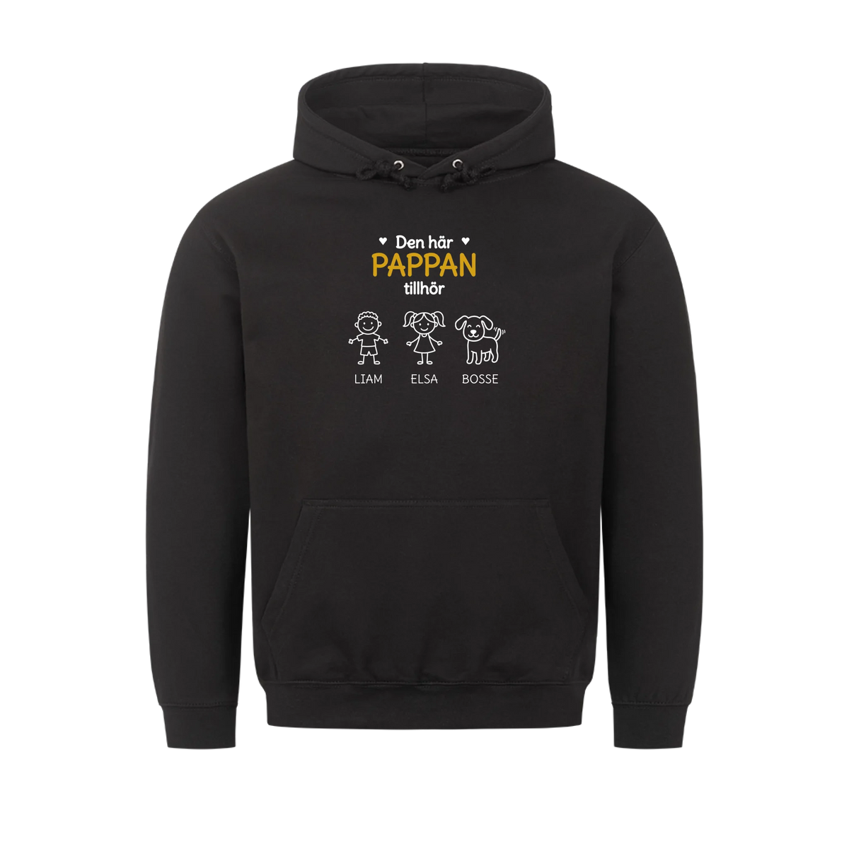 Den här pappan tillhör. Barnens namn och figurer på bröstet. Present till pappa på fars dag. Personlig t-shirt